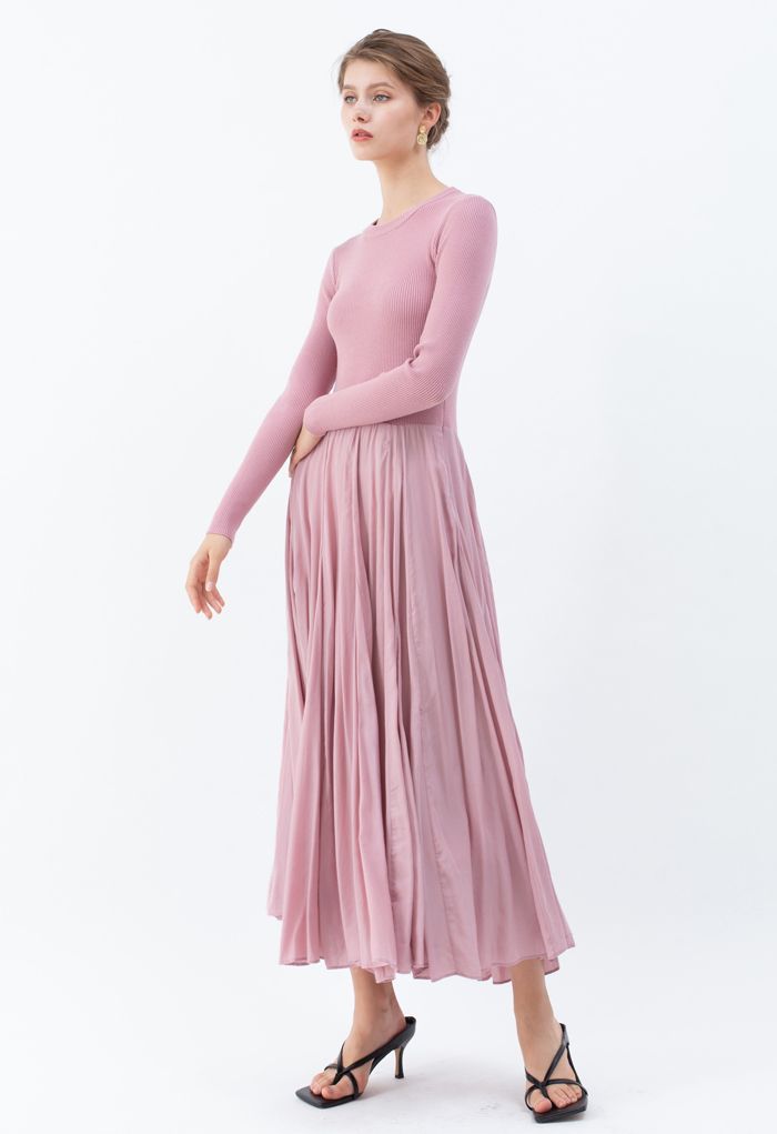 Robe longue en tricot épissé à manches longues en rose