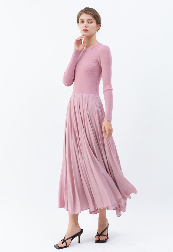Robe longue en tricot épissé à manches longues en rose