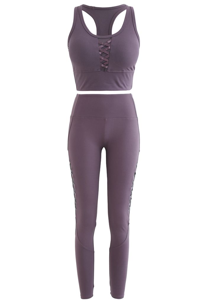 Ensemble soutien-gorge de sport court et leggings à lacets avec empiècement en filet en violet