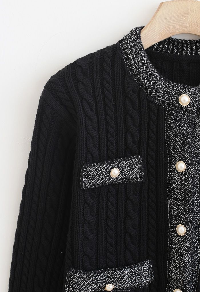 Cardigan en tricot torsadé boutonné à bord métallique en noir