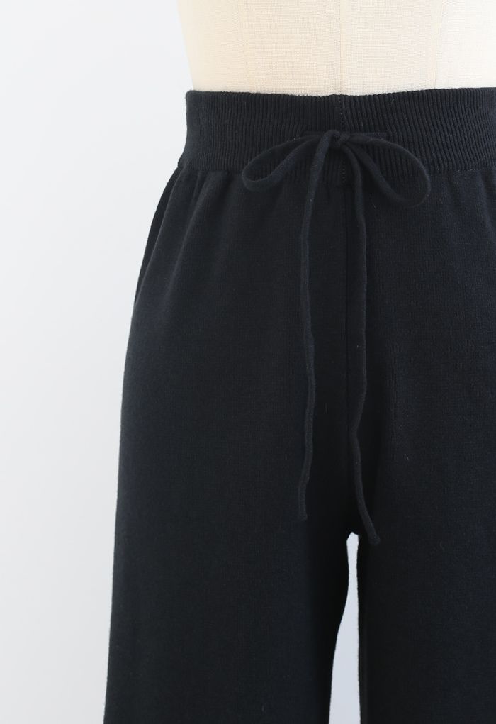 Pantalon en Tricot à Taille Droite avec Cordon de Serrage en Noir