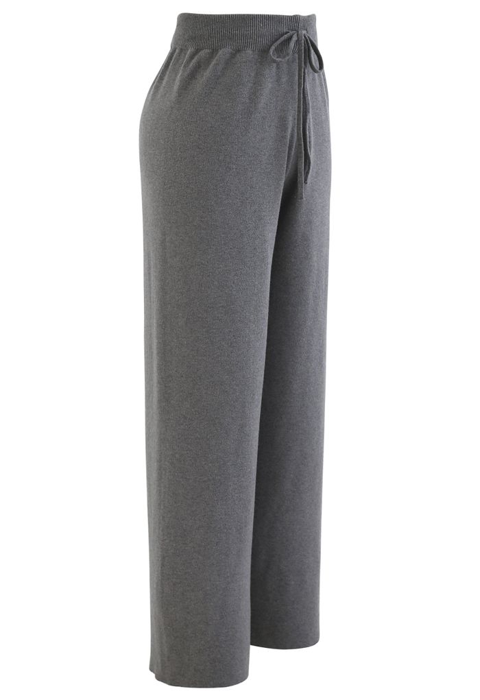 Pantalon en tricot à jambe droite avec cordon de serrage en gris