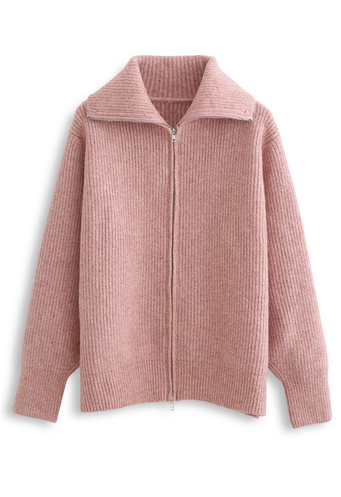 Cardigan en tricot côtelé entièrement zippé en rose