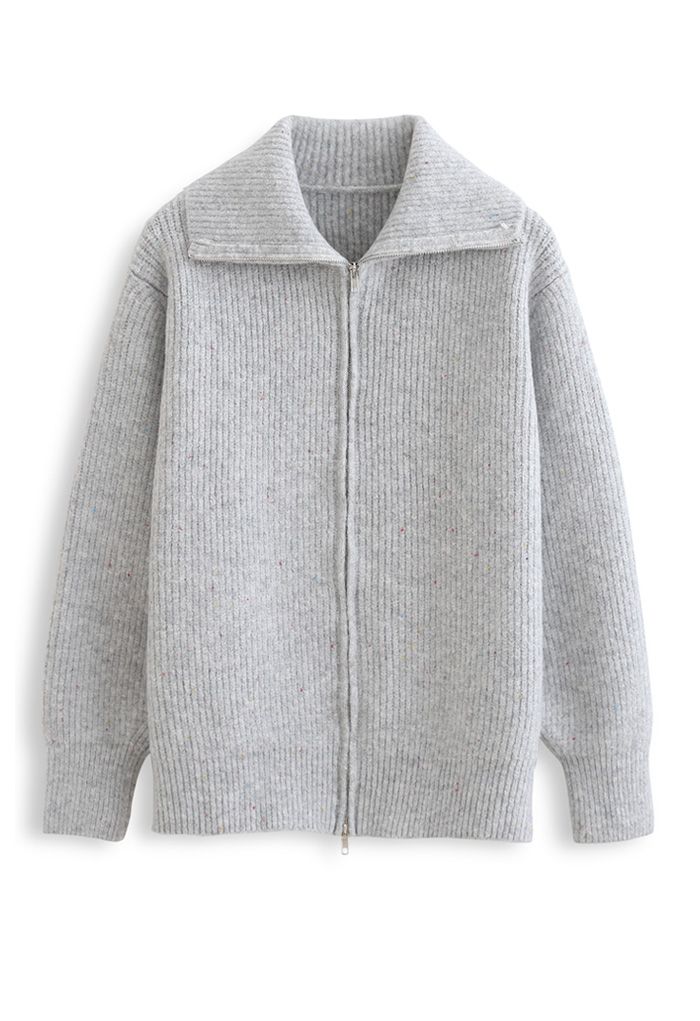 Cardigan en tricot côtelé entièrement zippé en gris