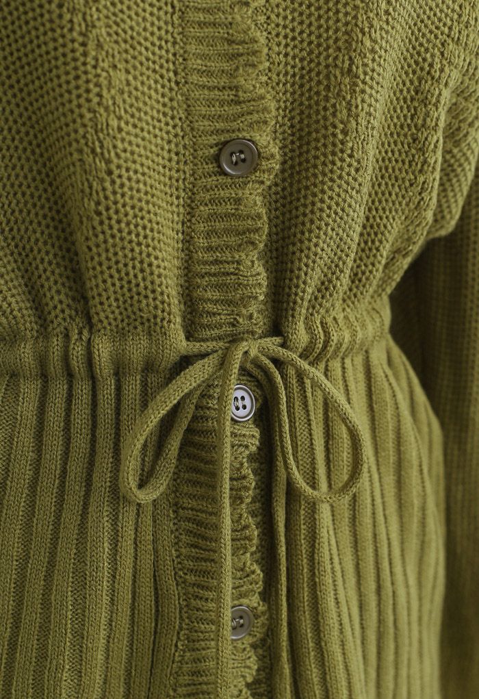 Cardigan en tricot boutonné à col en V et cordon de serrage en vert mousse