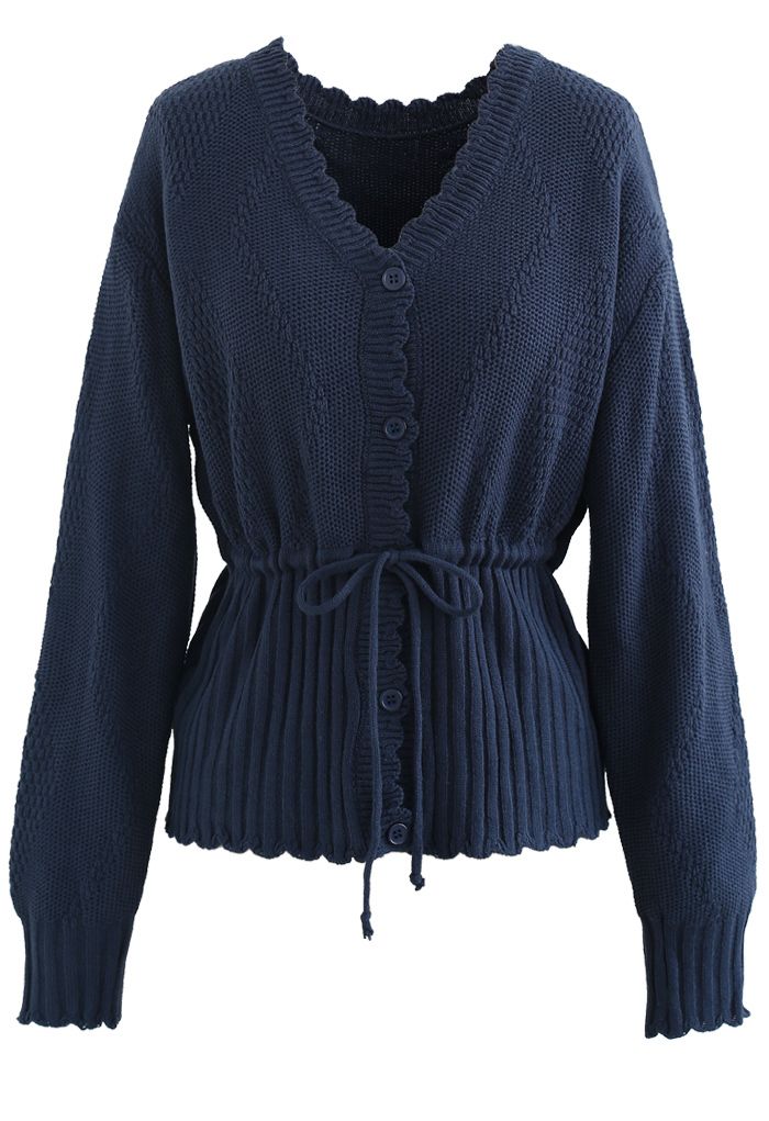 Cardigan en tricot boutonné à col en V et cordon de serrage en bleu marine