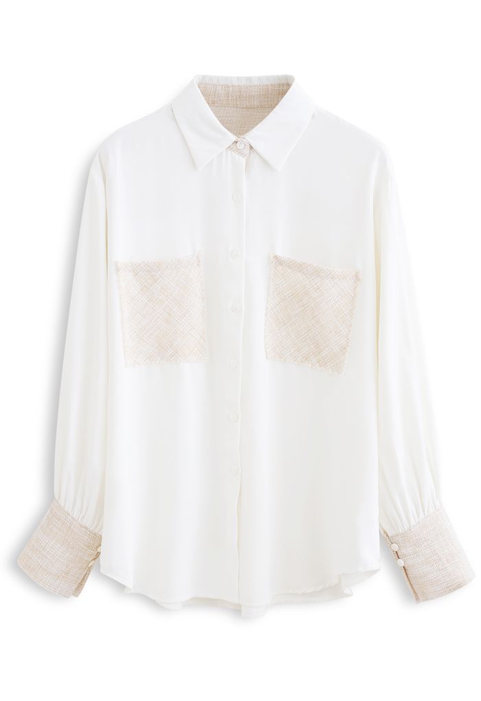 Chemise boutonnée épissée à tissage texturé en blanc