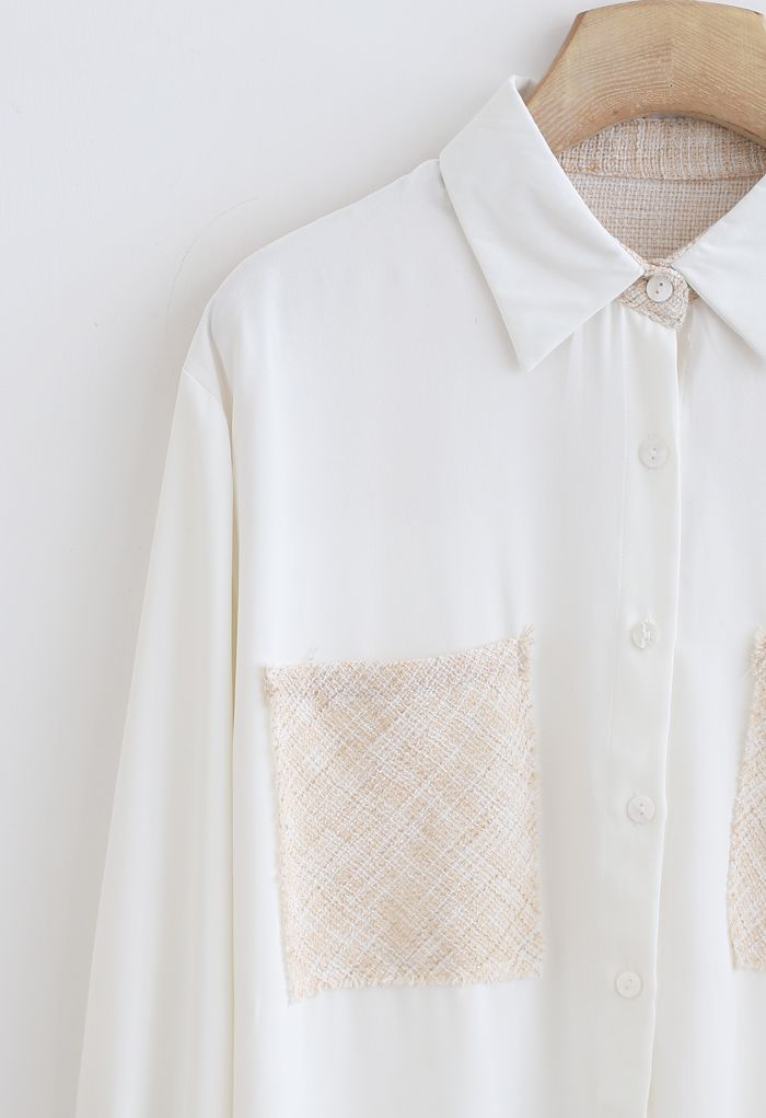 Chemise boutonnée épissée à tissage texturé en blanc