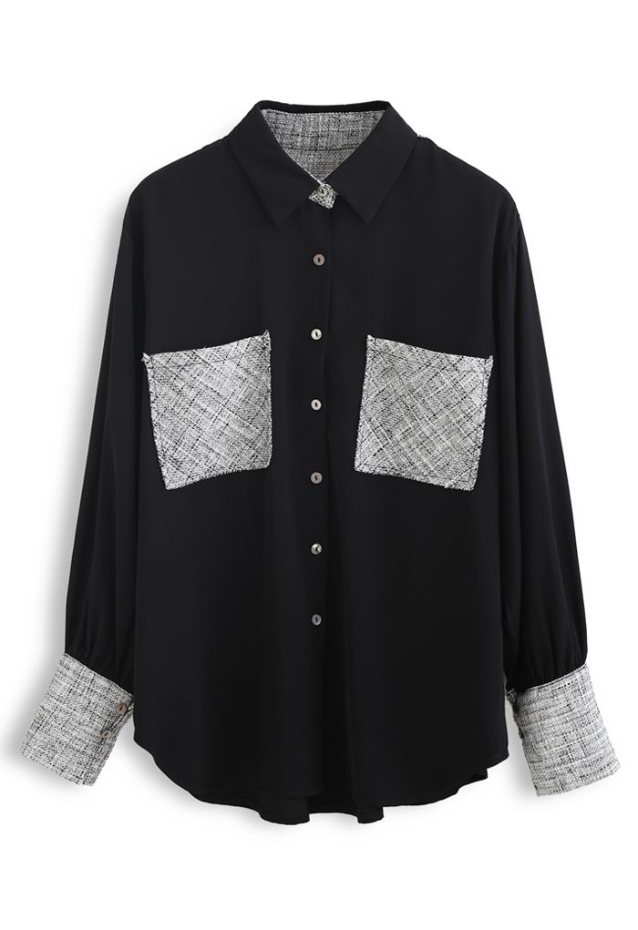 Chemise boutonnée épissée à tissage texturé en noir