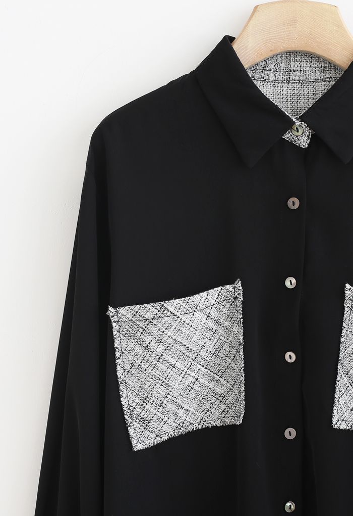 Chemise boutonnée épissée à tissage texturé en noir
