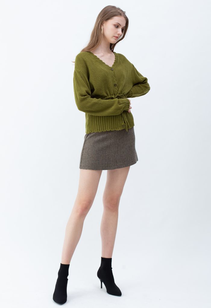 Cardigan en tricot boutonné à col en V et cordon de serrage en vert mousse