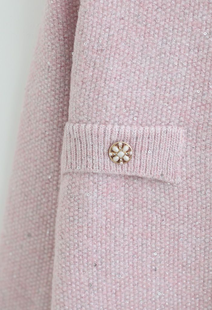 Cardigan en tricot boutonné à sequins en rose