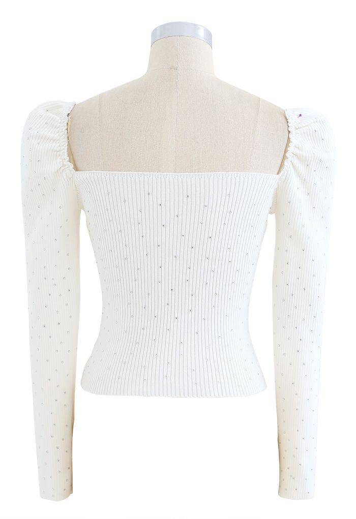 Haut court ajusté en tricot à encolure carrée scintillante en blanc
