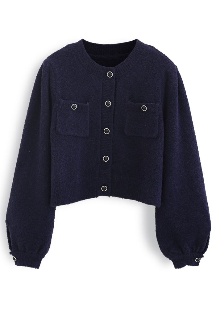 Cardigan en tricot moelleux boutonné avec poche en bleu marine