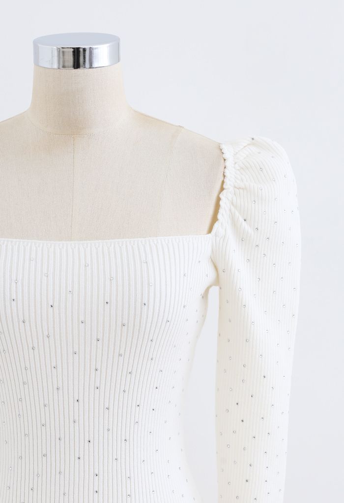 Haut court ajusté en tricot à encolure carrée scintillante en blanc