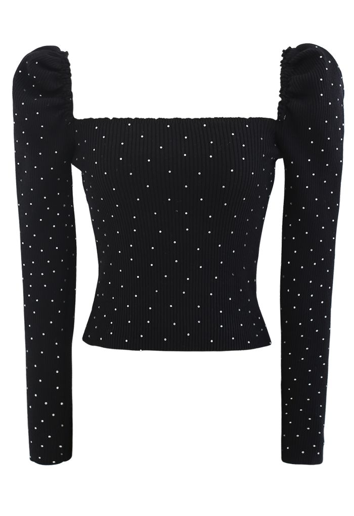 Haut court ajusté en tricot à encolure carrée scintillante en noir