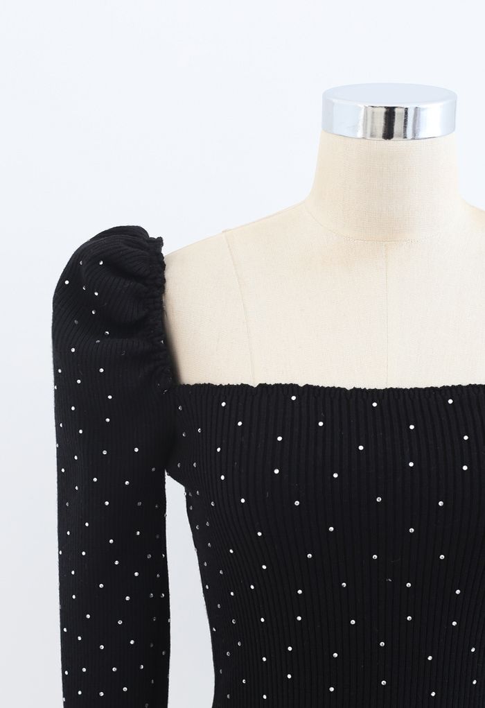 Haut court ajusté en tricot à encolure carrée scintillante en noir