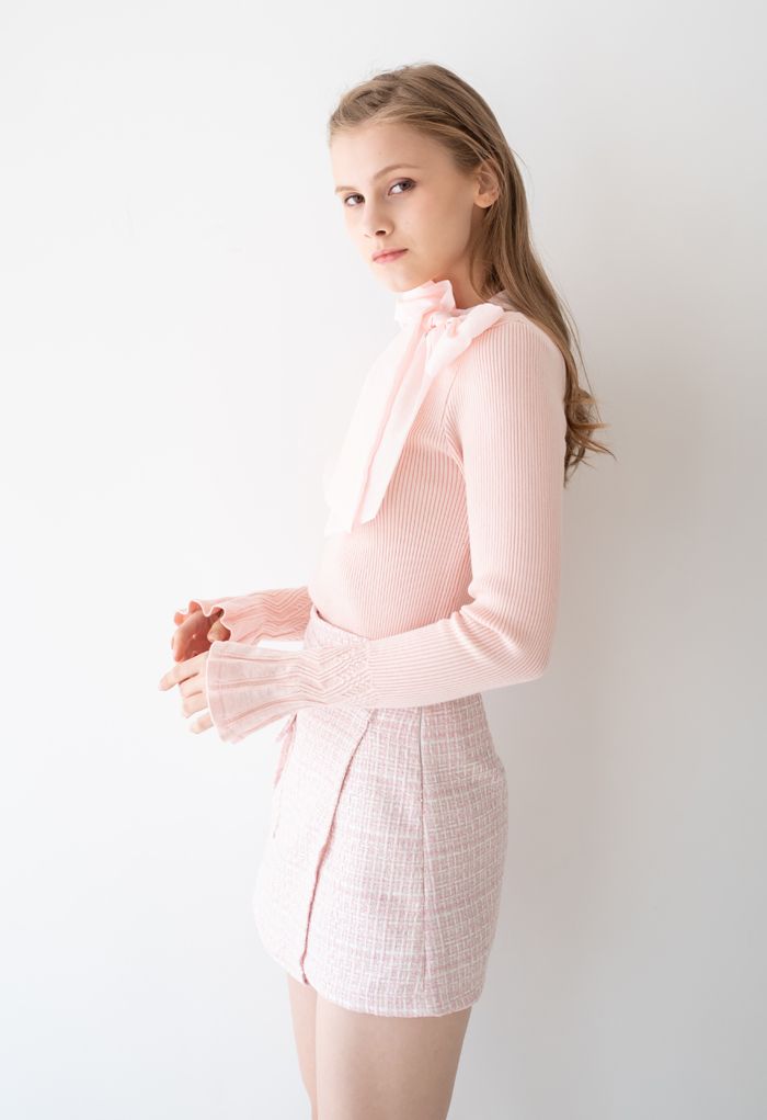 Mini jupe asymétrique en tweed rose