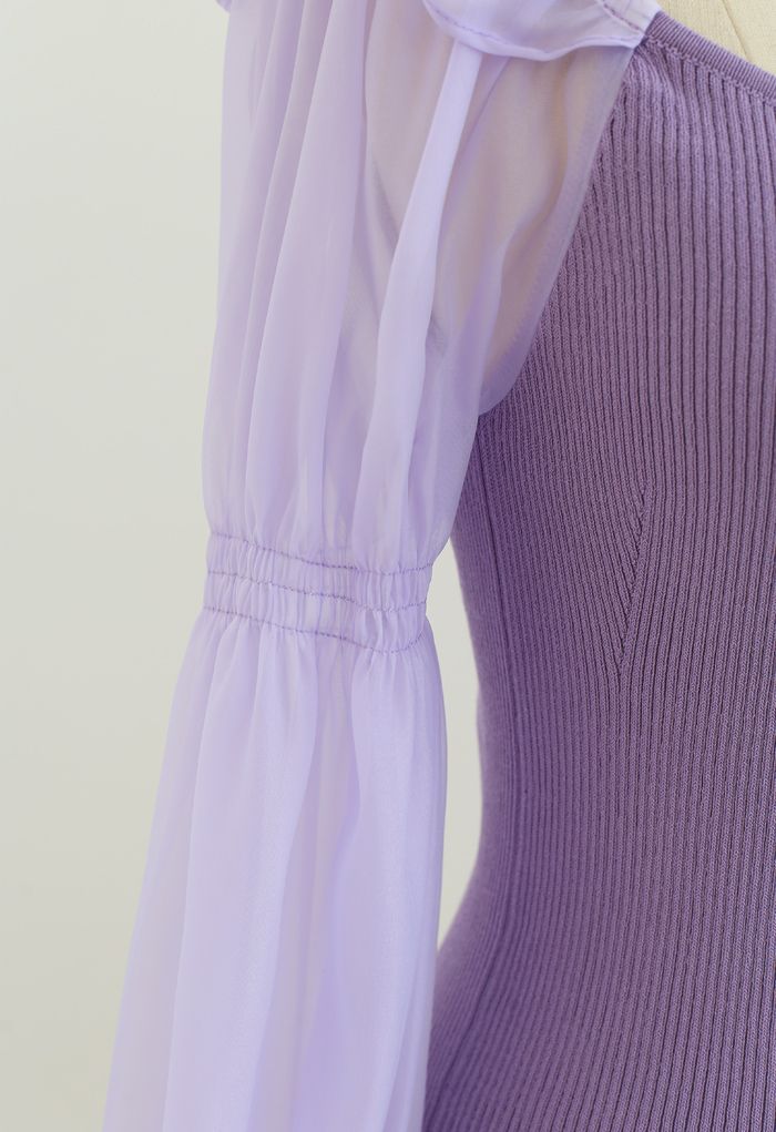 Haut court en tricot à manches bouffantes en organza lilas