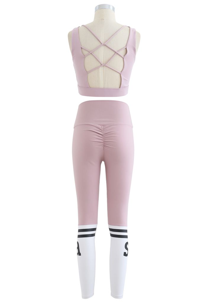 Ensemble soutien-gorge de sport à lacets dans le dos et leggings pour soulever les fesses en rose