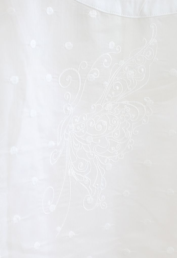 Top transparent en organza brodé à pois papillons en blanc
