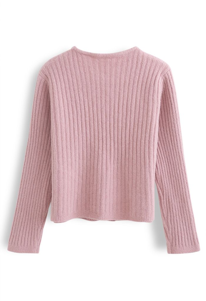 Cardigan en tricot côtelé confortable à col en V en rose