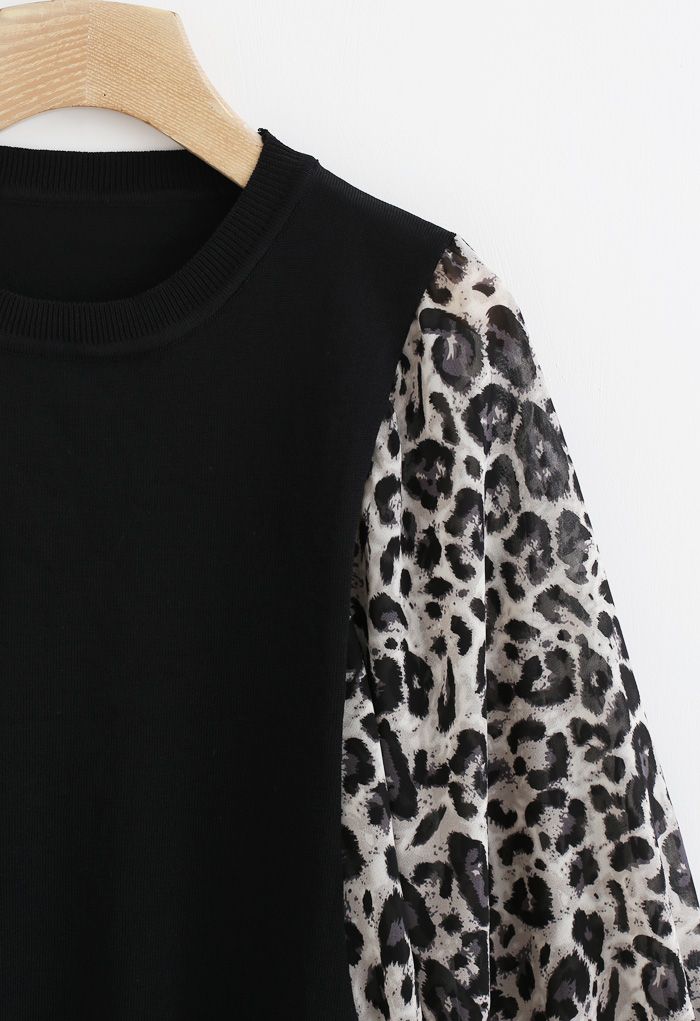 Haut en tricot à manches chauve-souris en mousseline de soie léopard en noir