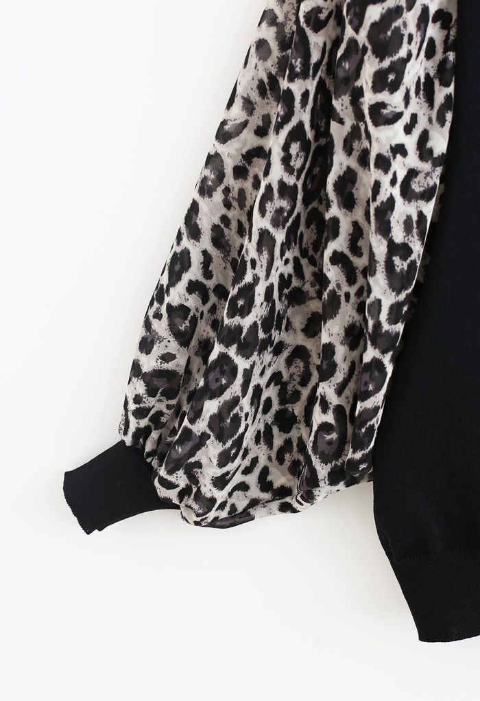 Haut en tricot à manches chauve-souris en mousseline de soie léopard en noir