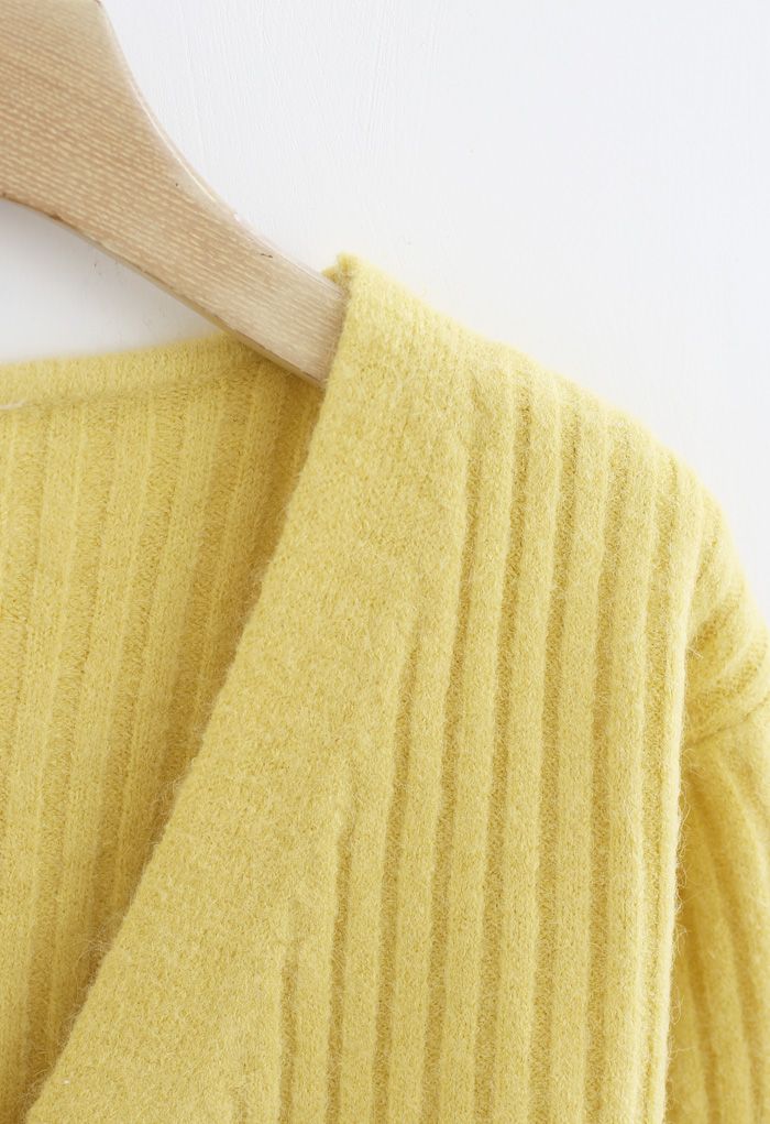 Cardigan en tricot côtelé confortable à col en V en jaune