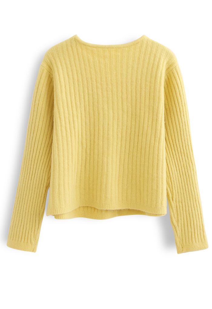 Cardigan en tricot côtelé confortable à col en V en jaune