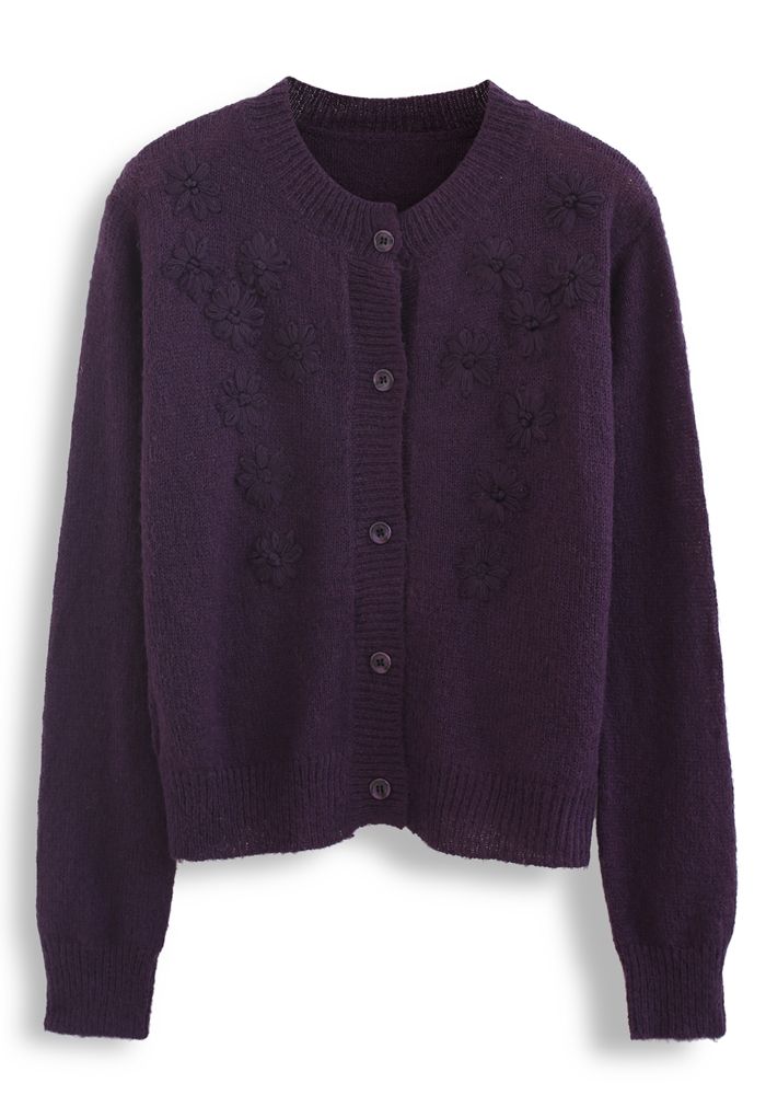 Cardigan en tricot à fleurs délicates en violet