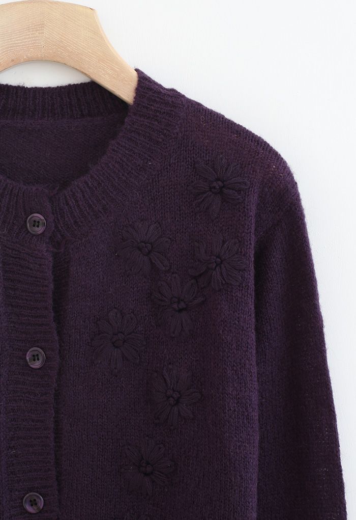 Cardigan en tricot à fleurs délicates en violet