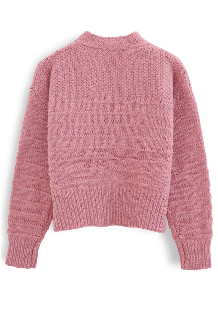 Cardigan en tricot pelucheux boutonné à col en V en rose