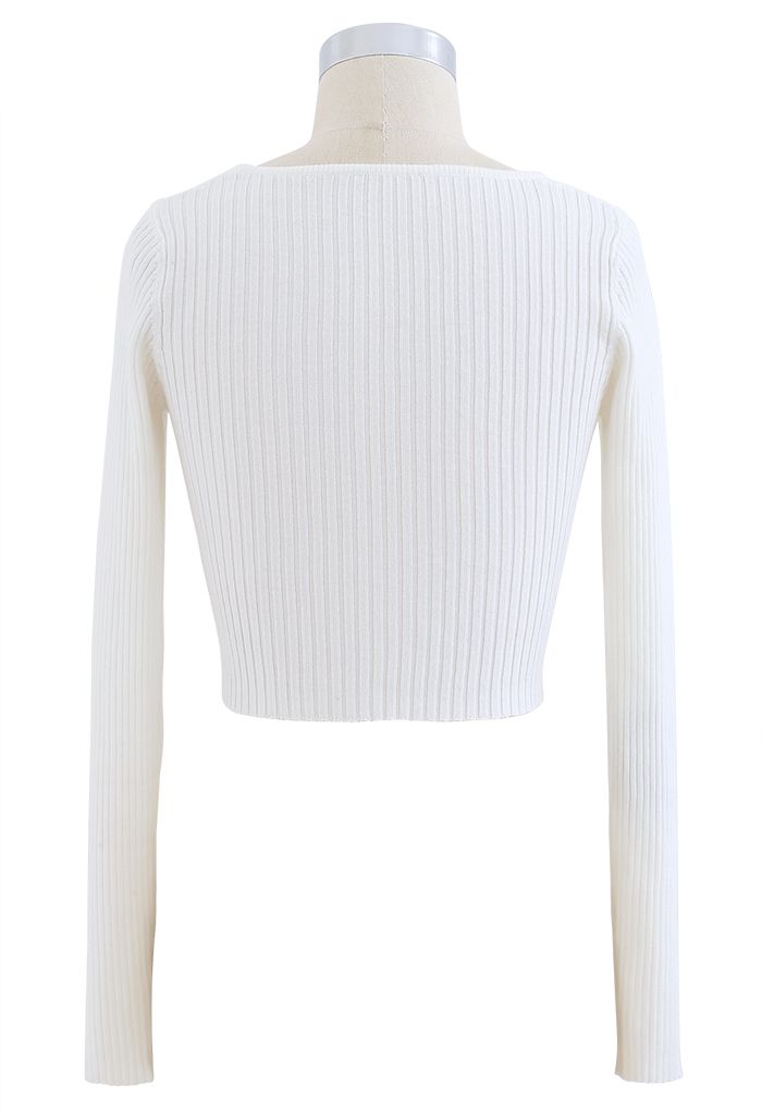 Haut court ajusté en tricot côtelé à encolure carrée en blanc
