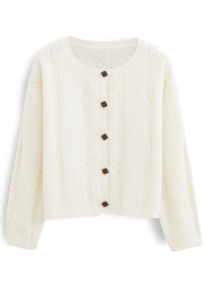 Cardigan boutonné en tricot à motif de chaîne en crème