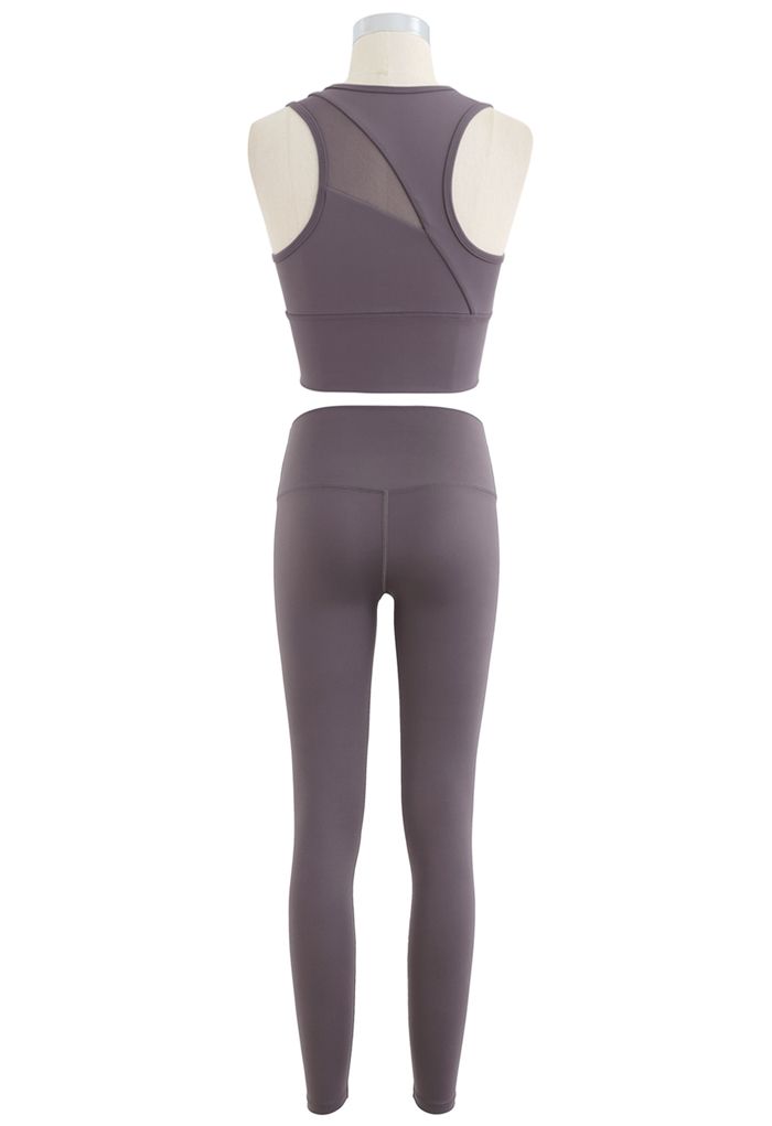 Ensemble soutien-gorge et leggings de sport à impact moyen avec empiècement en filet en violet