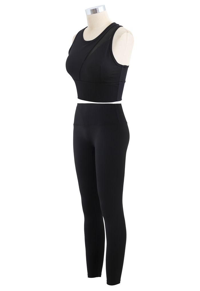 Ensemble soutien-gorge et leggings de sport à impact moyen avec empiècement en filet en noir