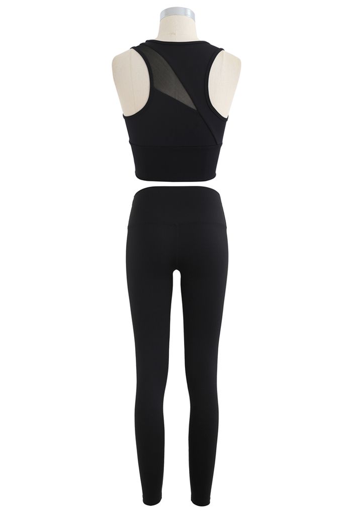 Ensemble soutien-gorge et leggings de sport à impact moyen avec empiècement en filet en noir