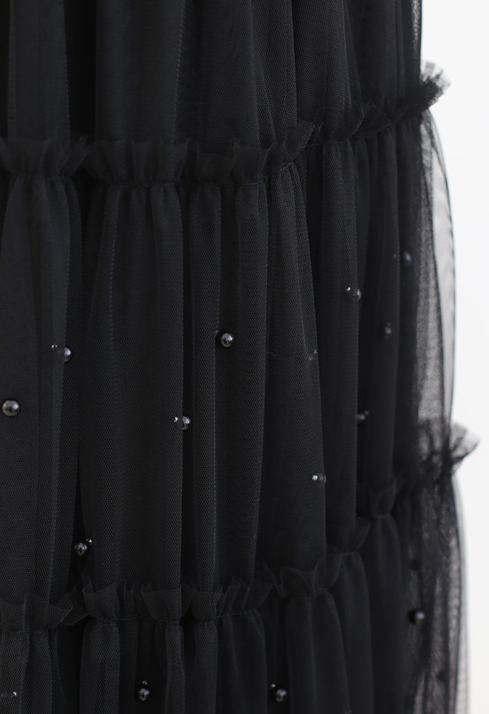 Jupe en maille de tulle à double épaisseur avec garniture de perles en noir