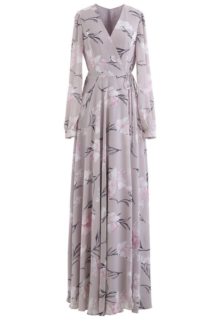 Superbe robe maxi portefeuille en mousseline de soie à imprimé floral lavande