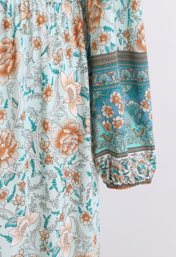 Robe longue bohème boutonnée à fleurs avec cordon de serrage à la taille