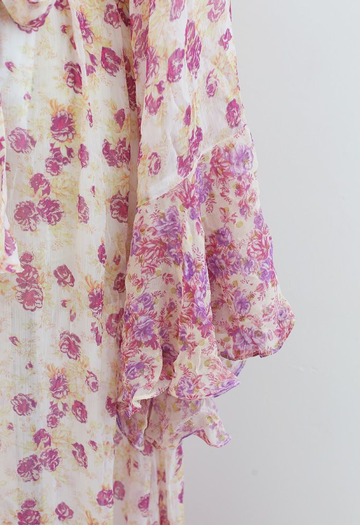Robe Hi-Lo semi-transparente à petites fleurs et manches kimono
