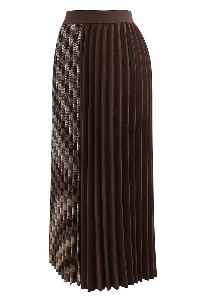 Jupe mi-longue plissée en velours côtelé à carreaux marron