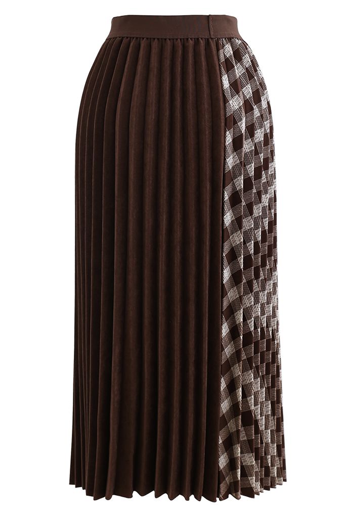 Jupe mi-longue plissée en velours côtelé à carreaux marron