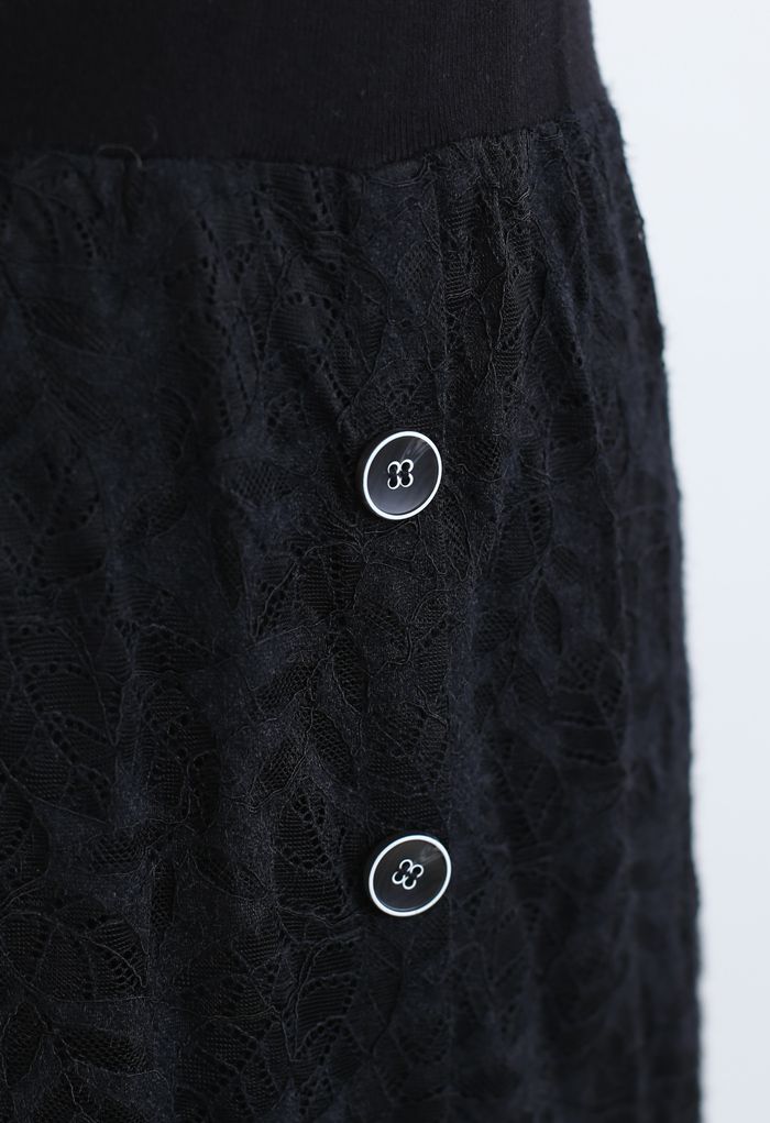 Jupe mi-longue en tricot de dentelle boutonnée à motif de feuilles en noir