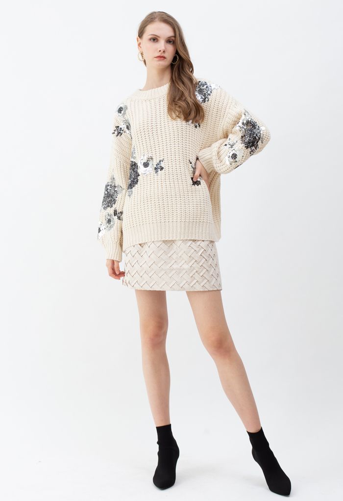 Sequin Floral Ribbed Chunky Knit Sweater in Ivory