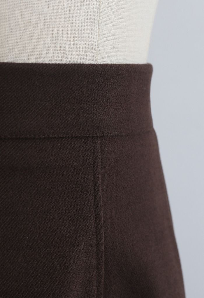 Jupe mi-longue en laine mélangée de couleur unie en marron