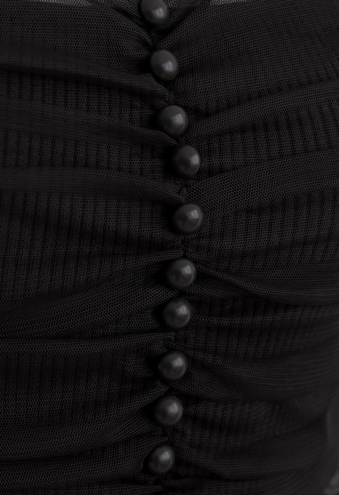 Robe en maille côtelée en tulle froncé à encolure carrée en noir