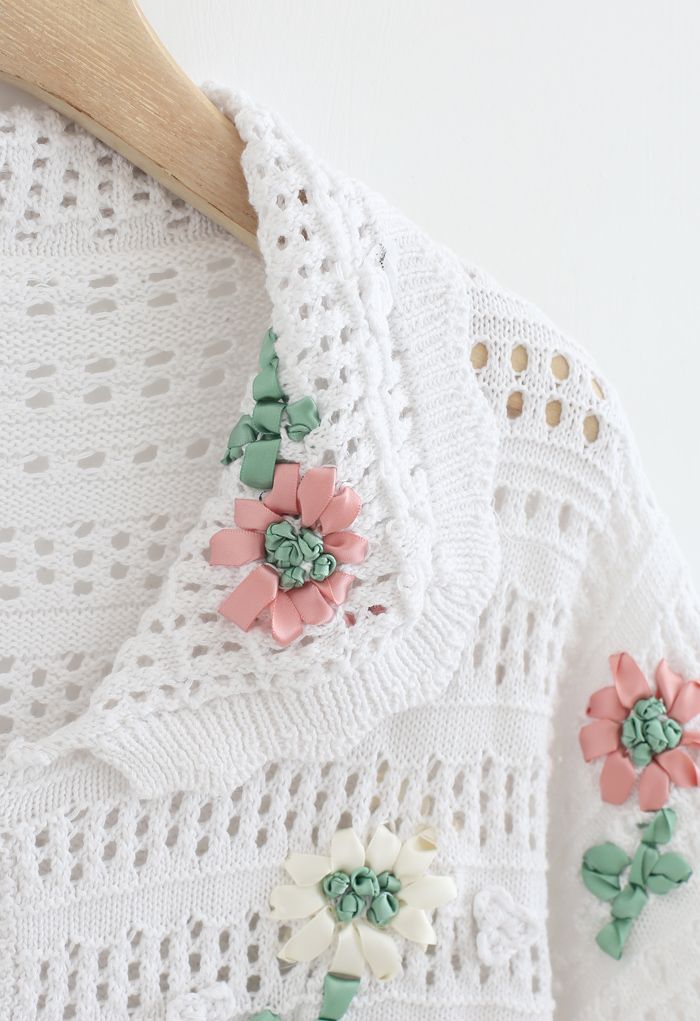 Cardigan tricoté à la main en tricot fleuri à œillets en blanc