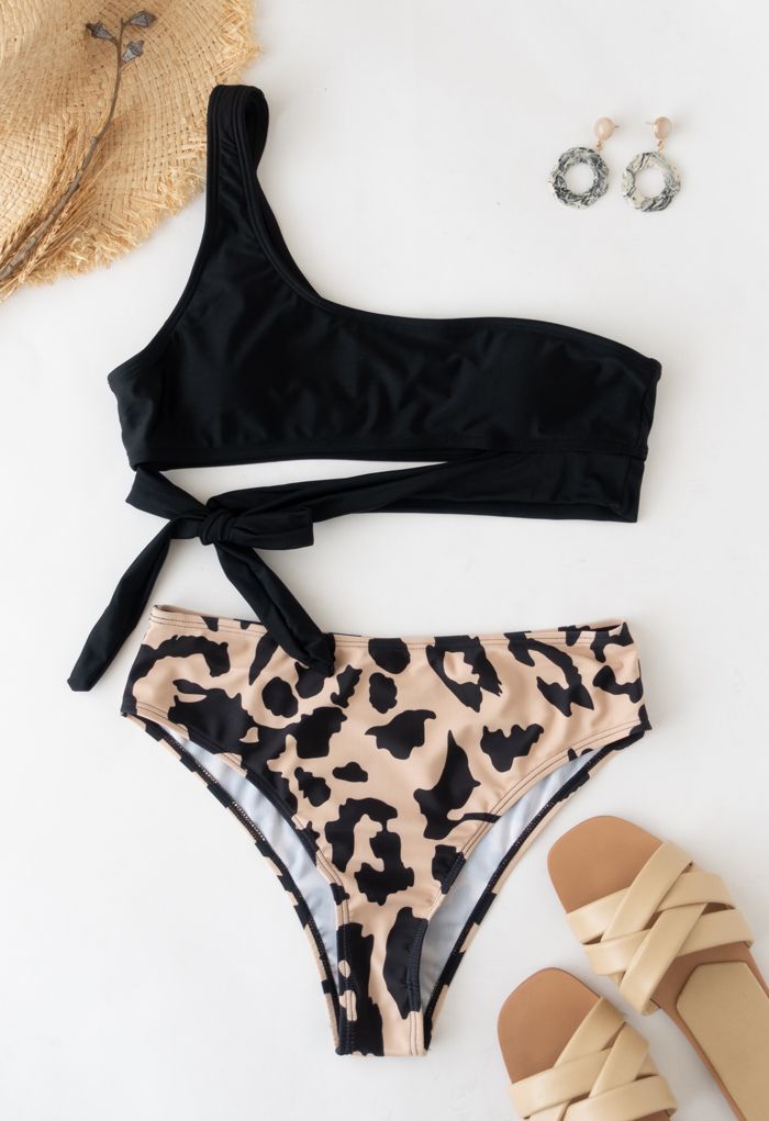 Ensemble de bikini noué à une épaule à imprimé léopard